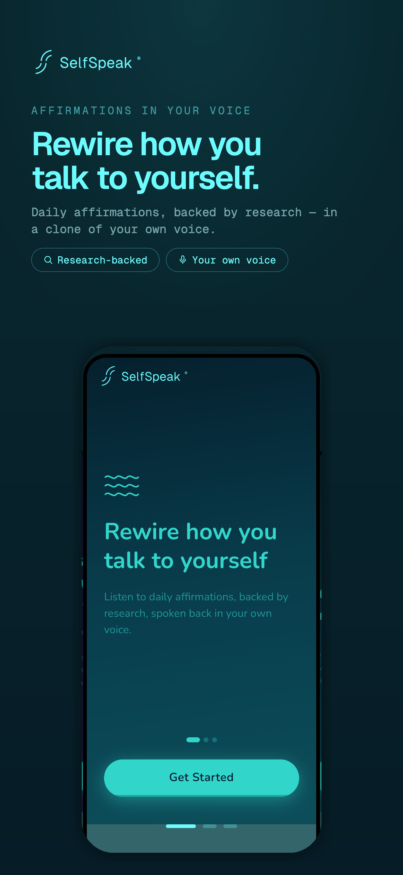 SelfSpeak onboarding screen introducing daily voice affirmations