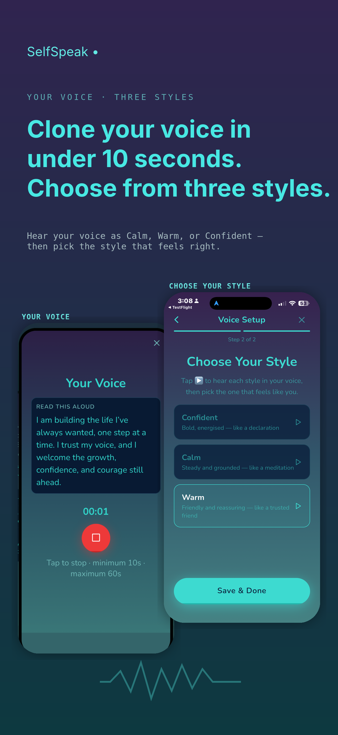 SelfSpeak voice setup with Calm, Warm and Confident styles