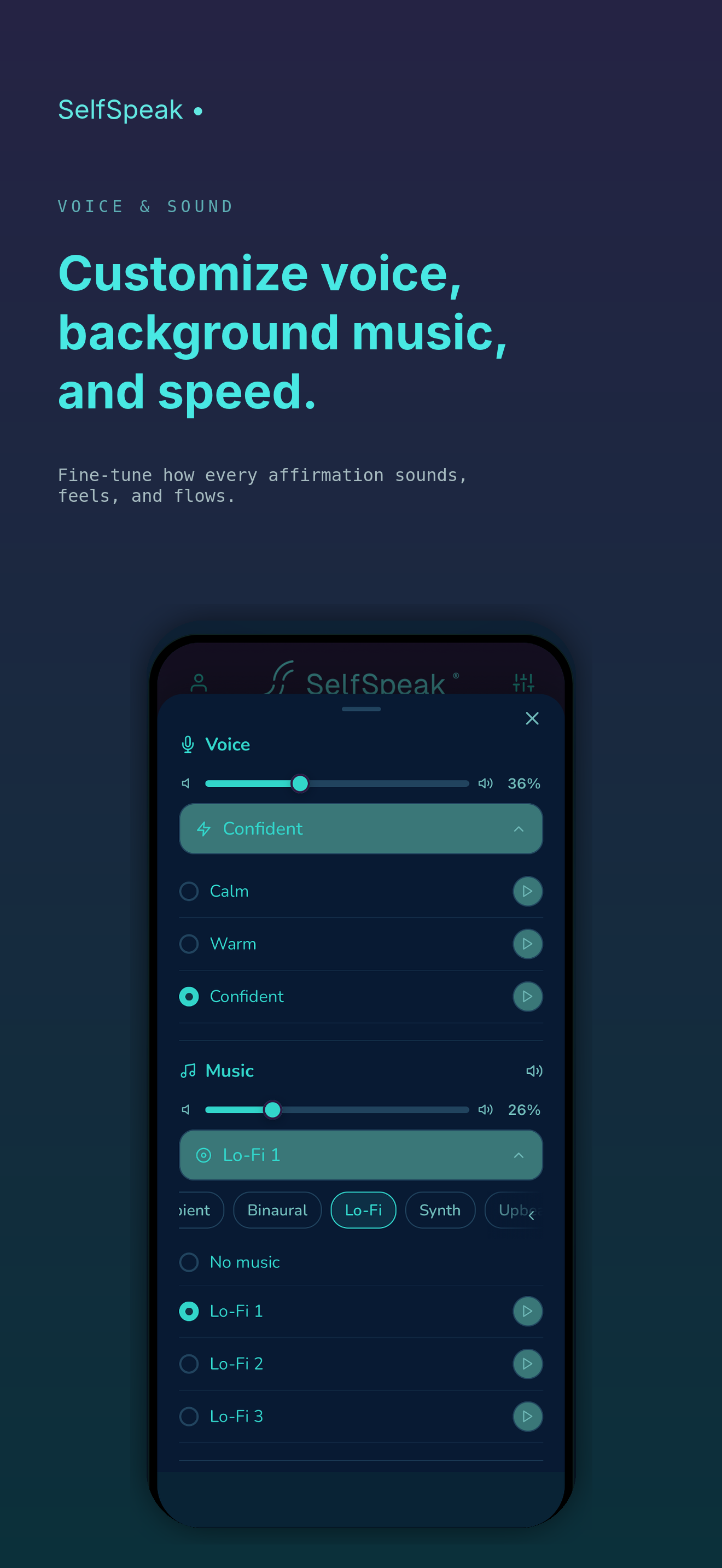 Voice, background music, and speed customization controls