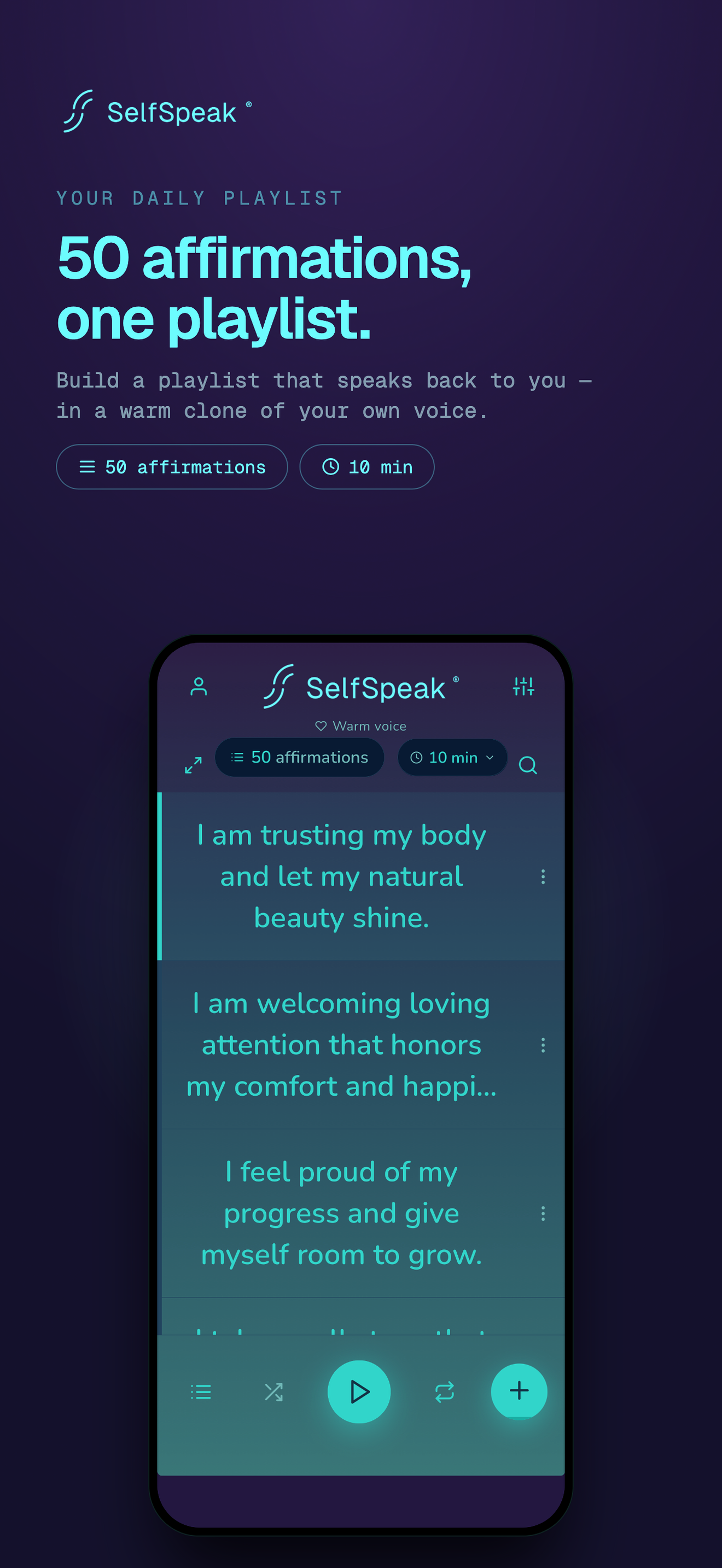 Playlist promotion showing fifty affirmations on an eligible Premium plan