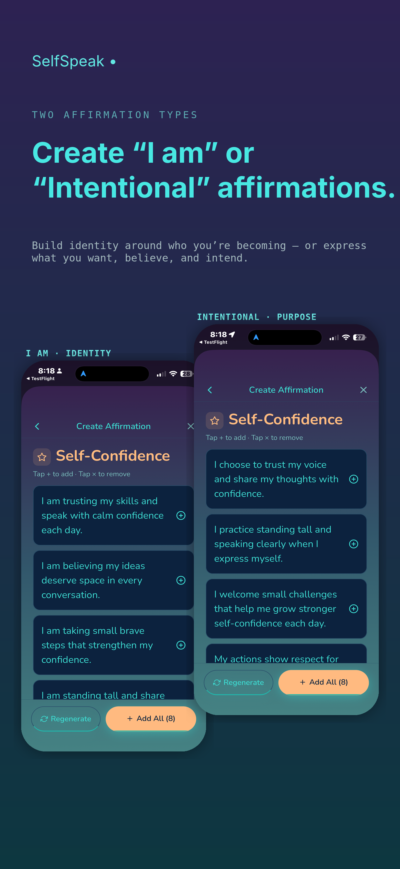 SelfSpeak screens for creating I am and Intentional affirmations