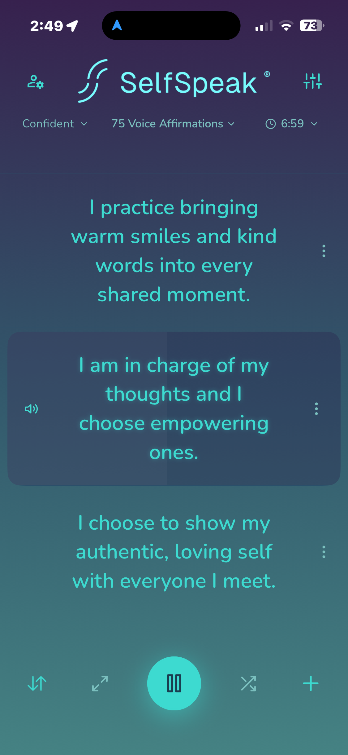 SelfSpeak playback screen with 75 voice affirmations in a Confident session