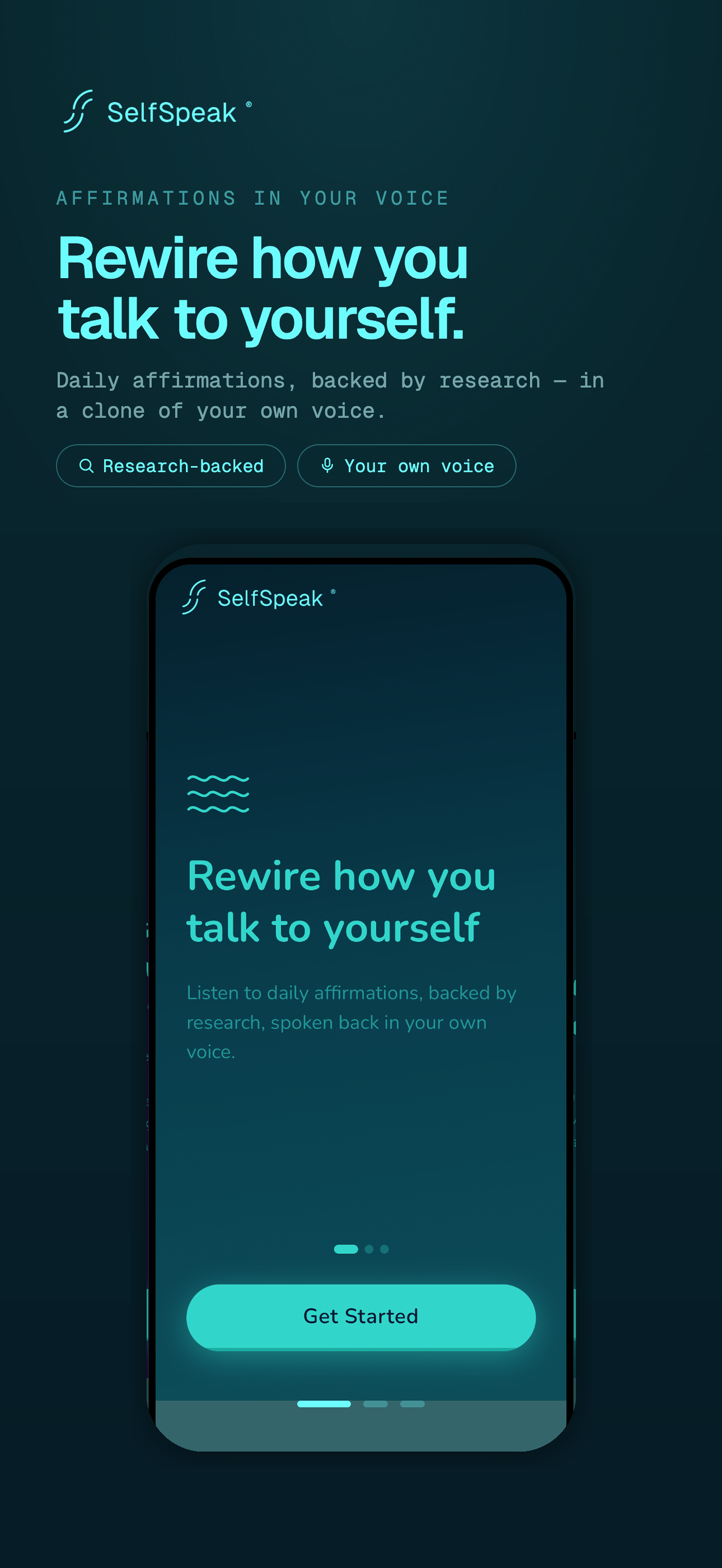 SelfSpeak onboarding screen introducing daily voice affirmations