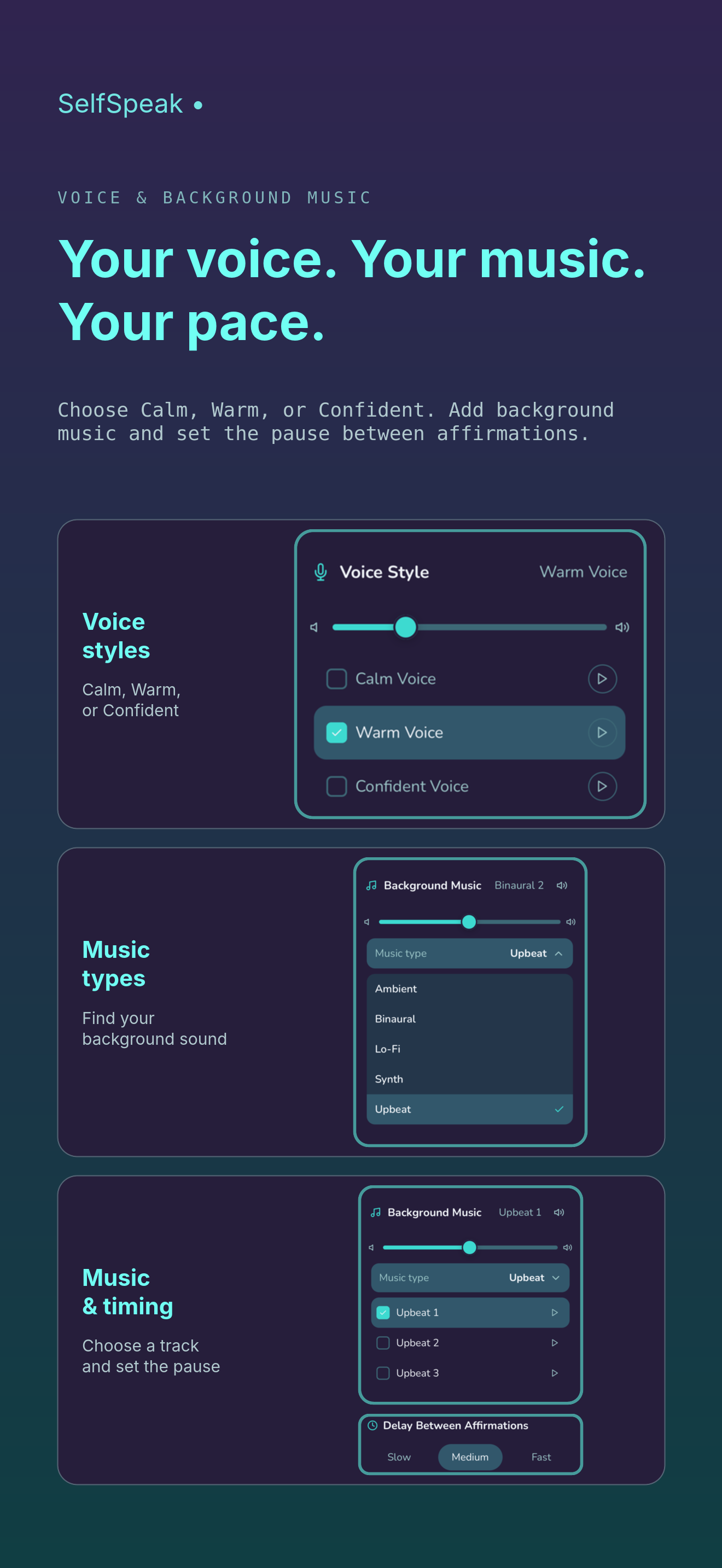 Voice, background music, and speed customization controls