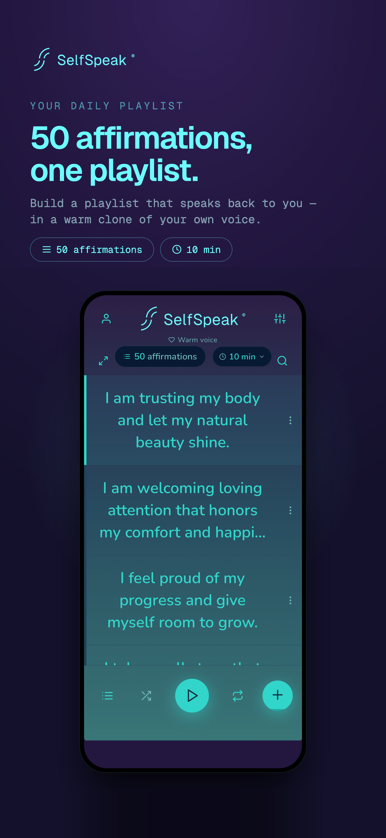 Playlist promotion showing fifty affirmations on an eligible Premium plan