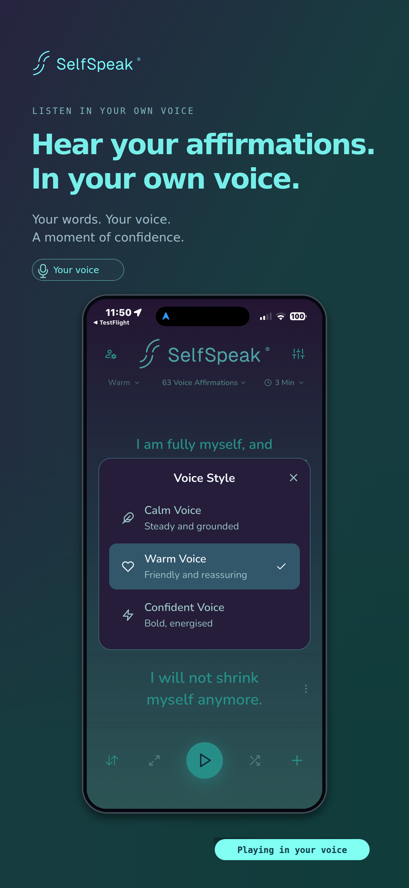 SelfSpeak playback screen with Calm, Warm, and Confident voice styles in a single phone frame