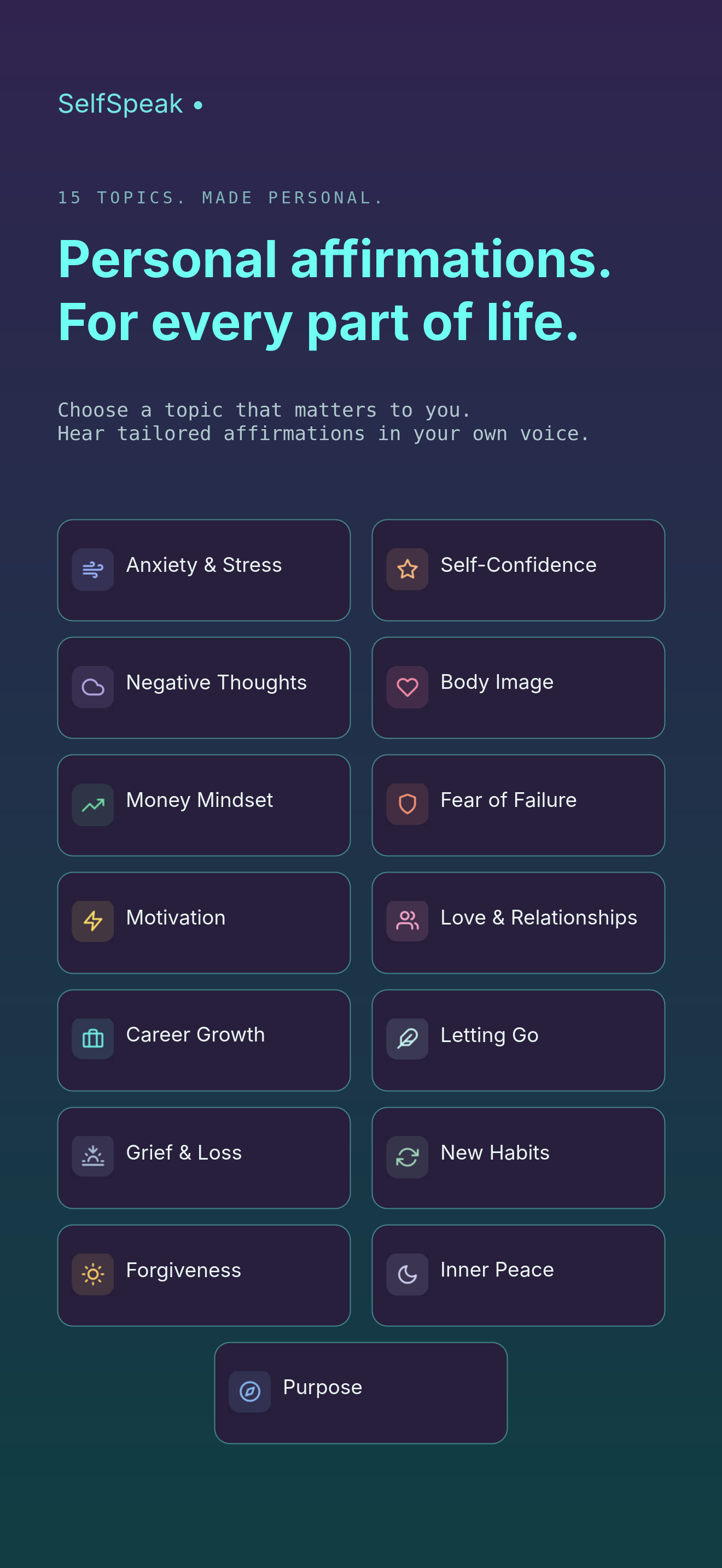 Fifteen personal affirmation topics including self-confidence, inner peace, motivation, and purpose