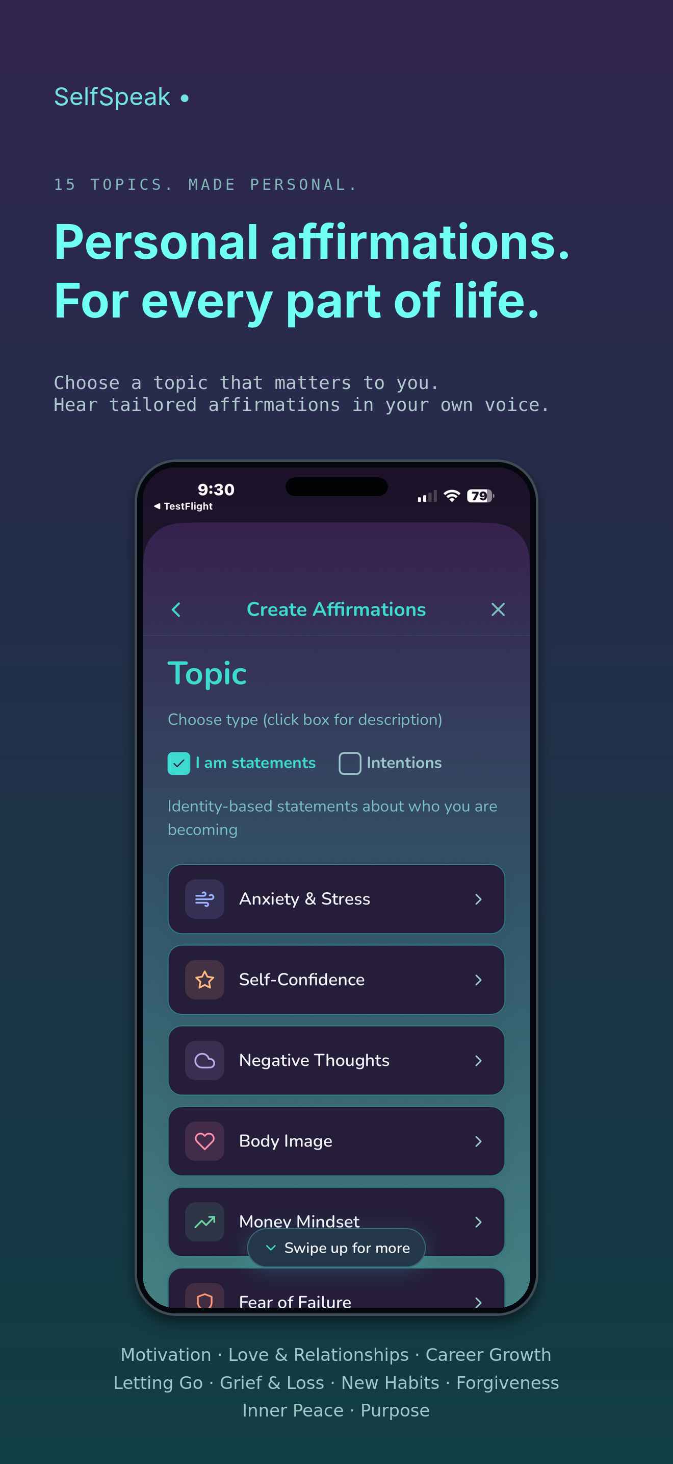 Topic selection in a regular phone frame, with additional topics listed below: motivation, love and relationships, career growth, letting go, grief and loss, new habits, forgiveness, inner peace, and purpose