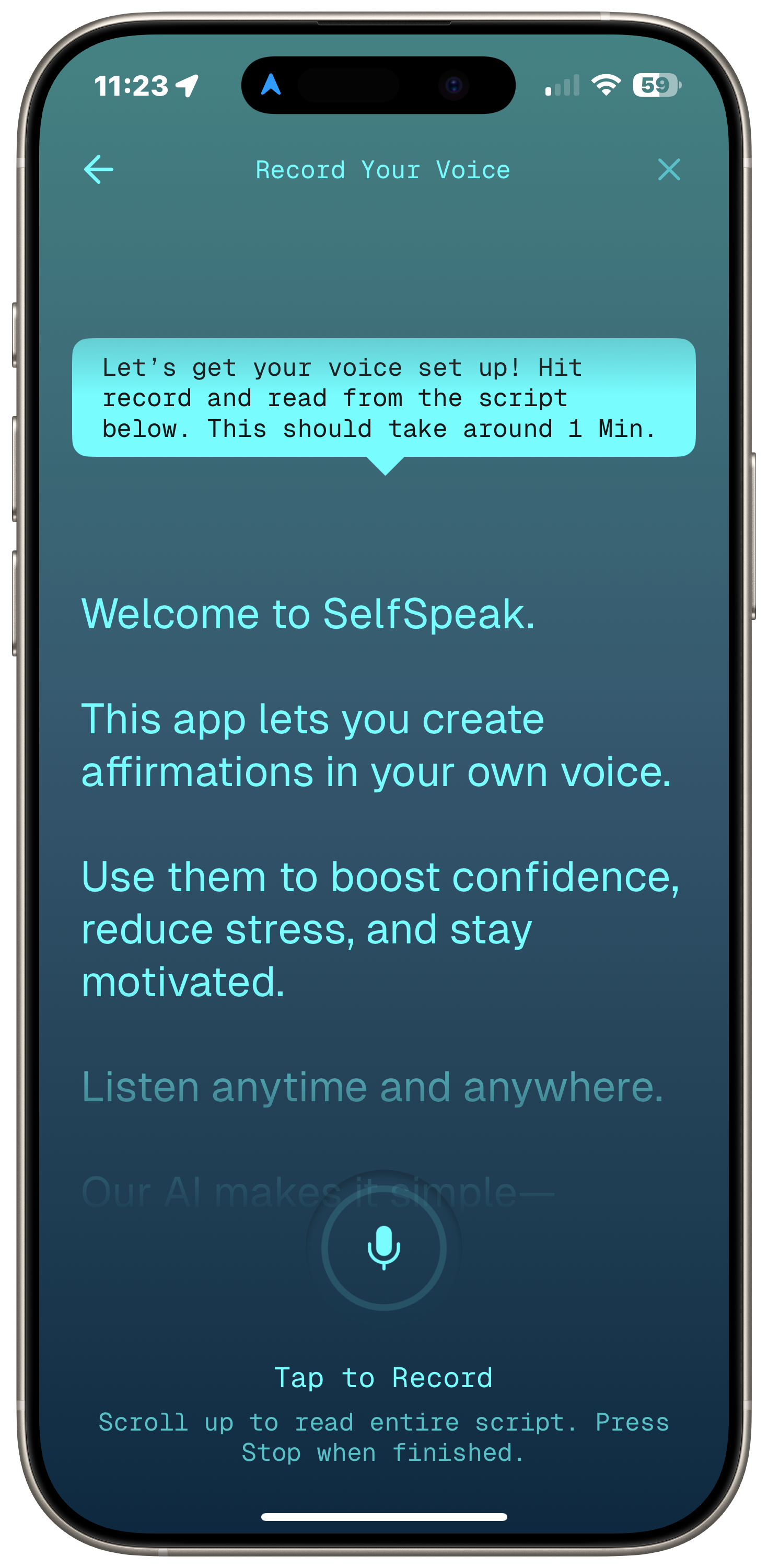 Clone your voice with AI — SelfSpeak recording screen