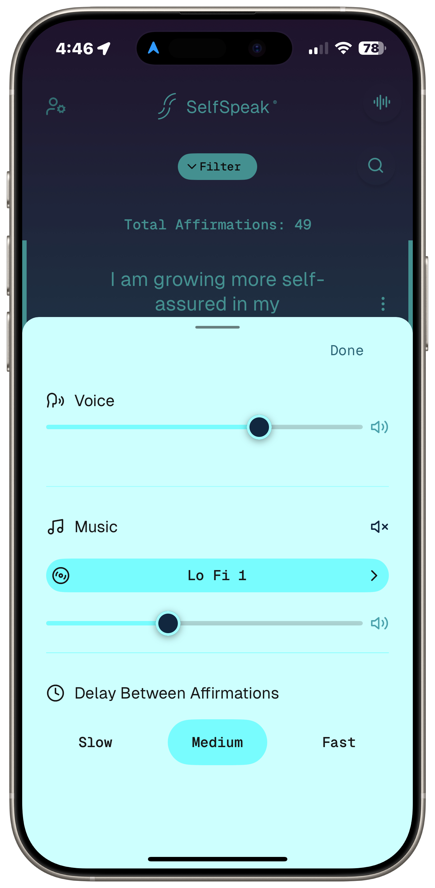Configure voice and background sounds — settings screen